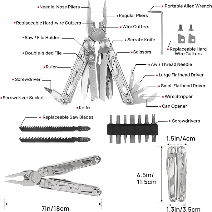 BIBURY Multitool Pliers Pro BI2045, Stainless Steel Multi Tool Pliers with Replaceable Wire Cutters and Saw, Foldable Multitools with Scissors and Screwdriver, Ideal for Camping,Survival, Repair