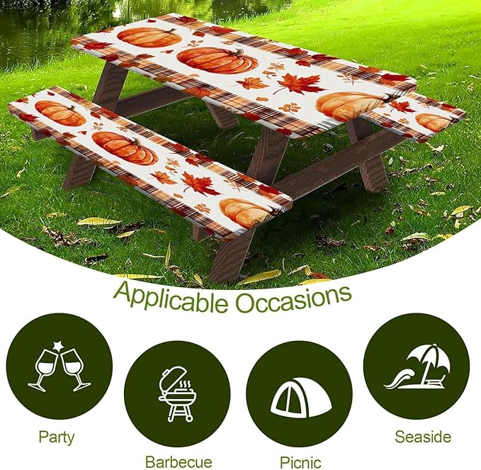 CAPSCEOLL Fitted Picnic Table Cover with Bench Covers with Elastic 8Ft Waterproof Picnic Table Cloths Windproof Outdoor Camping Tablecloth with Drawstring Bag, 96X30in, Pumpkins Leaf