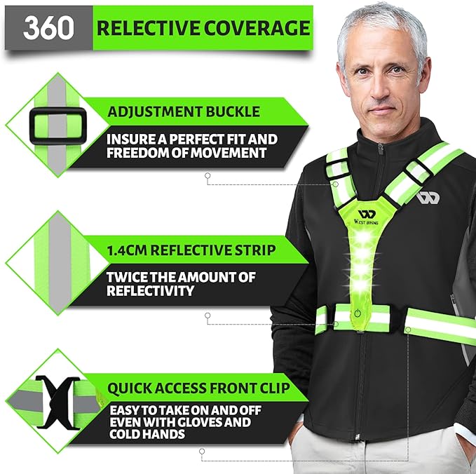 West Biking Running Vest Light - Led Running Reflective Gear for Walking at Night, High Visibility Night Rechargeable Light Up Running Vest, Adjustable Running Lights for Runners