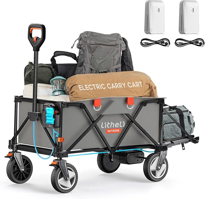 Litheli Electric Utility Wagon Cart, 200L Capacity, 300 lbs Load, Foldable Heavy-Duty Design with All-Terrain Wheels, Variable Speed Drive & Battery Power for Camping, Beach, Garden & Shopping