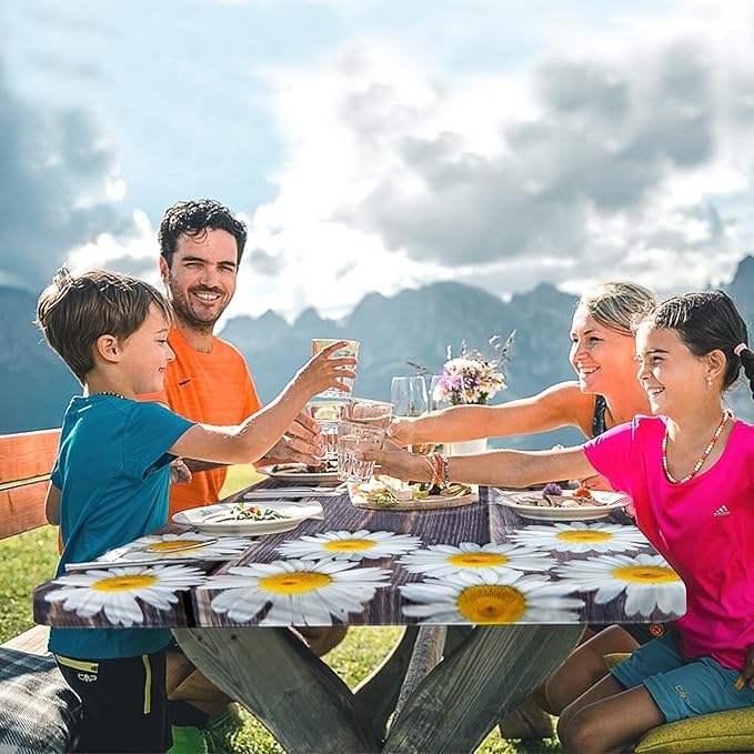 Picnic Table Cover with Bench Covers Elastic Edges, Chamomile Flower Fitted Table Cover, Outdoor Patio Camping Essentials 72 Inch 3PCS, Waterproof Camping Fitted Tablecloth with Drawstring Bag