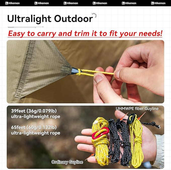 Hikeman Tent Guy Ropes 2mm-Ultralight Strong Guy Lines with Tensioner Reflective UHMWPE Fiber Tent Cord for Camping, Hiking, Backpacking Rope (Black, 65 Feet, 10 Tensioners)