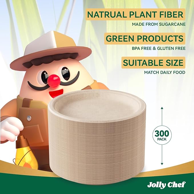 JOLLY CHEF Compostable Heavy Duty Plates 9 Inch [300 Pack] Eco-Friendly Disposable Natural Paper Plates Bagasse Biodegradable Bulk for Party Dinner Sugarcane Fibers Round 300 Count(Brown)