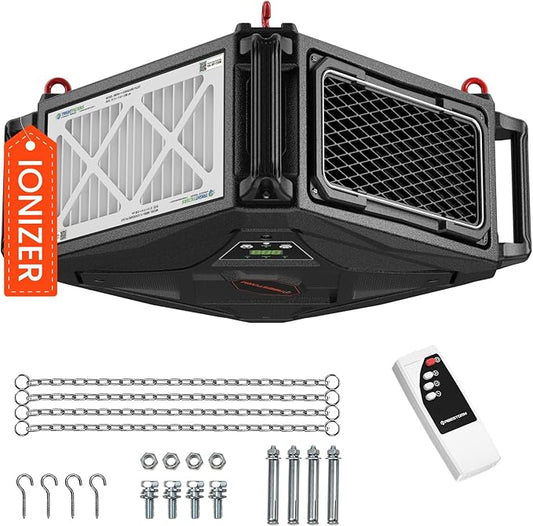 Abestorm 270 Degree Intake Air Filtration System, Built-in Ionizer, 780 CFM Hanging Dust Collector with Remote Control, for Woodworking Shops and Garage, 2-speed Adjustment, DecDust 780IG