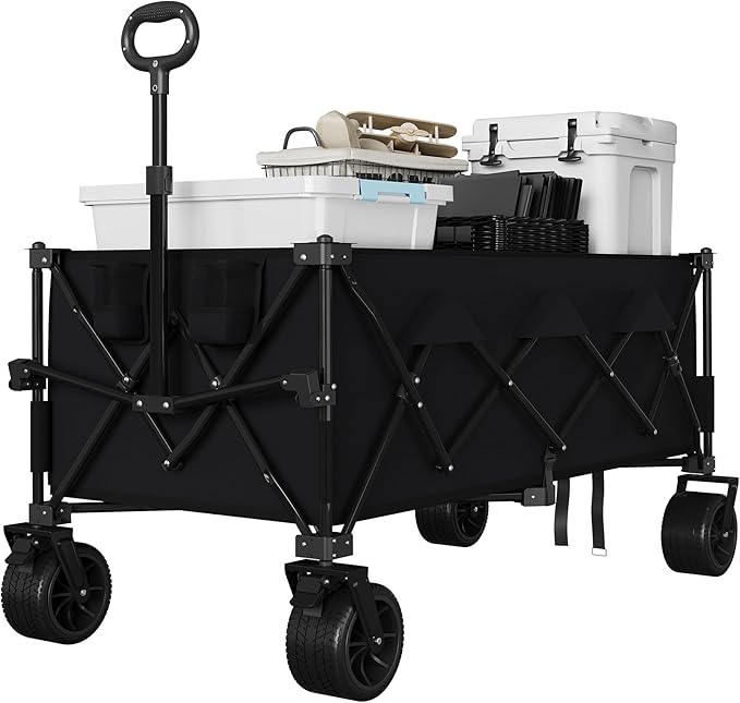 Heavy Duty Foldable Wagon for Beach, Extra Large Collapsible Foldable Wagon for Camping, All Terrain Beach Wagons Extended with Cup Holders for Sand