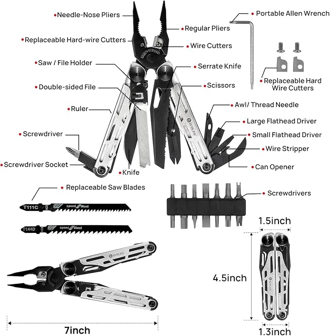 BIBURY Multitool Pliers Pro BI2045, Stainless Steel 31-in-1 Multi Tool Pliers with Replaceable Wire Cutters and Saw,Foldable Multitools with Scissors and Screwdriver, Ideal for Camping,Survival,Repair