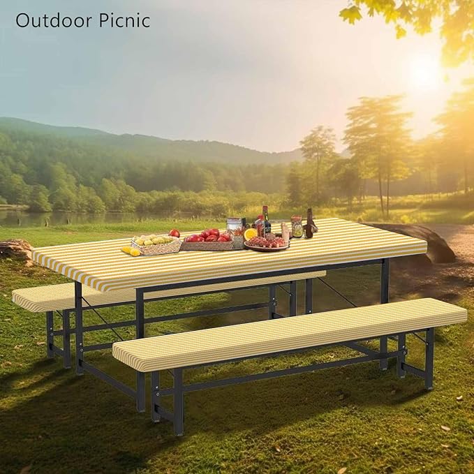 CAPSCEOLL Fitted Picnic Table Cover with Bench Covers with Elastic 8Ft Waterproof Camping Picnic Table Cover Cloths for Outdoors Camping Tablecloth with Drawstring Bag, 96X30in, Orange White