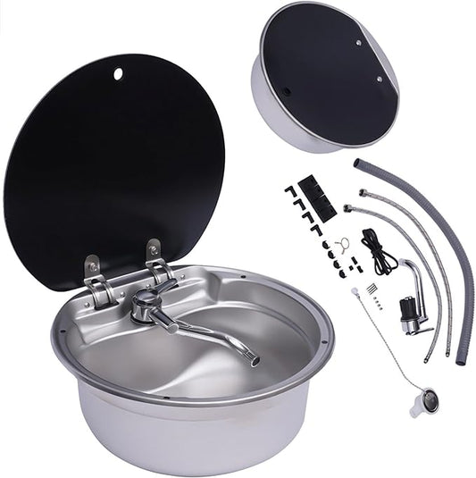 RV, Bar, Kitchen Sink with Folde Faucet C &Lid, Undermount Stainless Steel Single Bowl Small Drop In Sink Hand Wash Basin for Workstation, RV, Boat, Kitchen, Camper Van,Bar