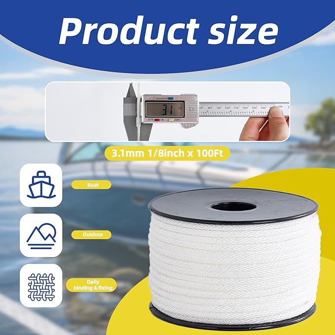 White Nylon Rope 1/8inch 100ft Braided Multi-Purpose Ropes for Outdoor&Indoor Heavy Duty for Camping, Boat, Garden, Clothesline, Marine, Soft & Flexible, High Tensile Strength