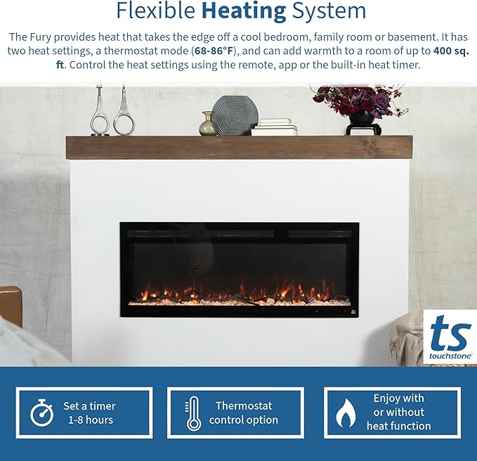 Touchstone Smart Electric Fireplace-The Fury 50" Wide- 4.5" Thin in Wall Recessed-100 Realistic Flame/Ember Bed Color Combos-1,500W Heater-Larger Viewing Area-Alexa/WiFi Enabled