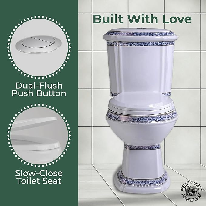Renovators Supply India Reserve Elongated Two Piece Bathroom Toilet Modern Blue Gold Colour Dual Flush Push Button Slow Close Toilet Seat 0.8/1.6 GPF WaterSense ADA Heavy Duty Porcelain Oval