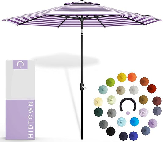 Midtown Umbrellas 10-Year-No-Fade - 8 Ft - UV Proof Purple/White Stripes Fabric - Umbrella Outdoor Patio, Auto-Tilt Aluminum Frame Patio Umbrella for Garden, Pool & Deck - Black Pole
