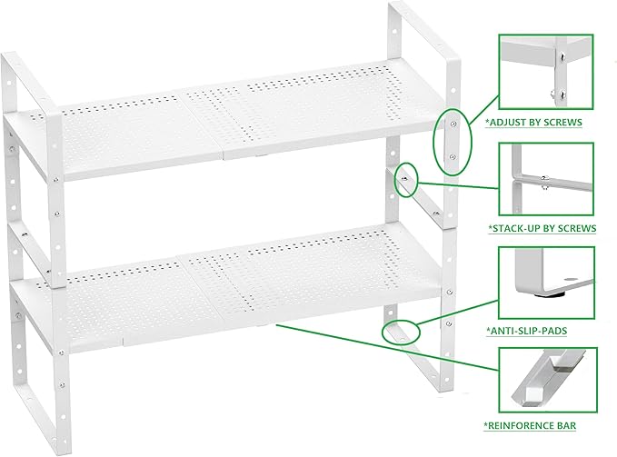 Expandable Spice Rack, Stackable Metal Pantry Storage Shelves Stand, Adjustable Height Cabinet Shelf Organizer Racks(2PACKS/WHITE,LARGE)
