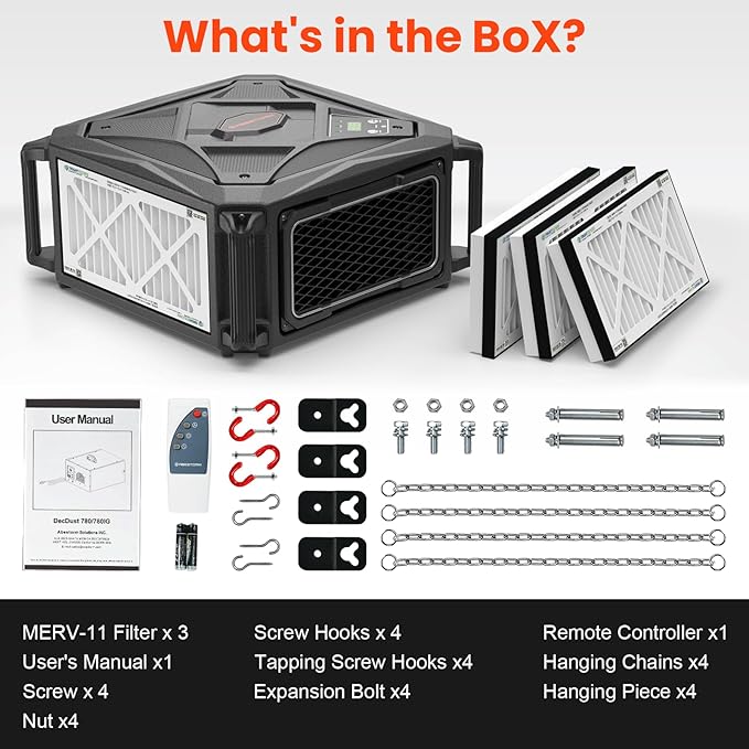 Abestorm 270 Degree Intake Air Filtration System, Built-in Ionizer, 780 CFM Hanging Dust Collector with Remote Control, for Woodworking Shops and Garage, 2-speed Adjustment, DecDust 780IG