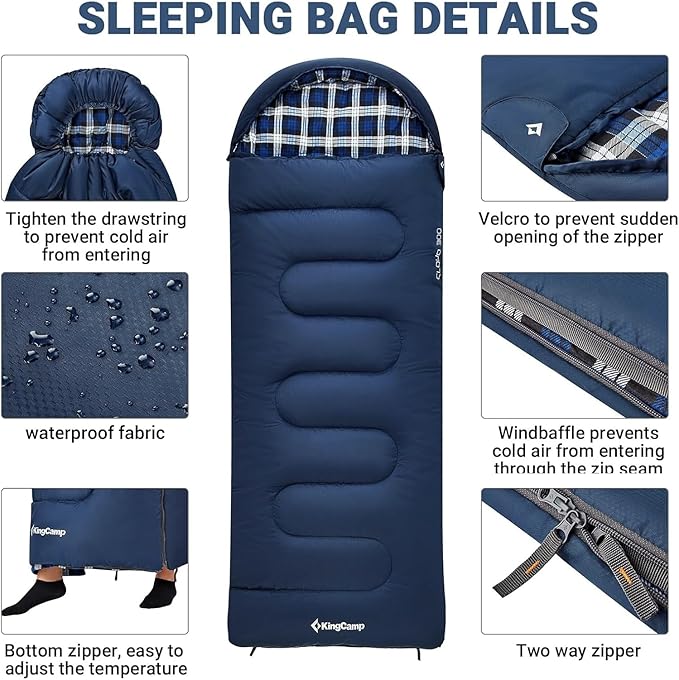 KingCamp 45° F Kids Sleeping Bag, Lightweight Waterproof & Compact Flannel Sleeping Bags Cold Weather & Warm Youth Essentials Gear Accessories for Camping, Fits 10-12 Children up to 5'5" Tall