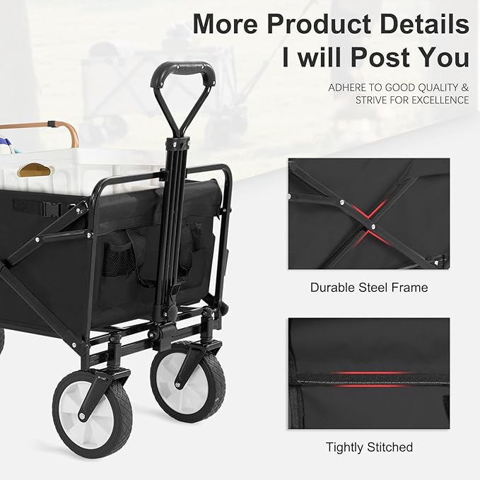 PayLessHere 38" Collapsible Wagon Folding Foldable Garden Cart with Large Capacity, 330 LBS Capacity Portable Utility Wagon Cart Heavy Duty for Beach Camping Shopping Garden,Black