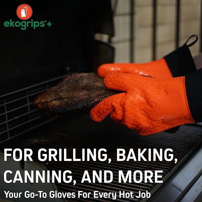 Ekogrips Plus Oven Gloves with Fingers, Comfy Waterproof Silicone Oven Mitts Heat Resistant with Long Cuff, Insulated BBQ Gloves Perfect for Grilling, Baking, Smoker, Canning, and Pizza, Red, OSFM