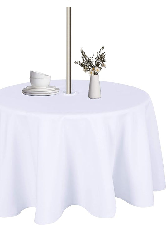 LUSHVIDA Round Outdoor Tablecloth with Umbrella Hole and Zipper, 90 Inch White, Washable Waterproof Table Cloth Spill Proof Wrinkle Free Table Cover for Patio Spring Summer Picnic BBQS