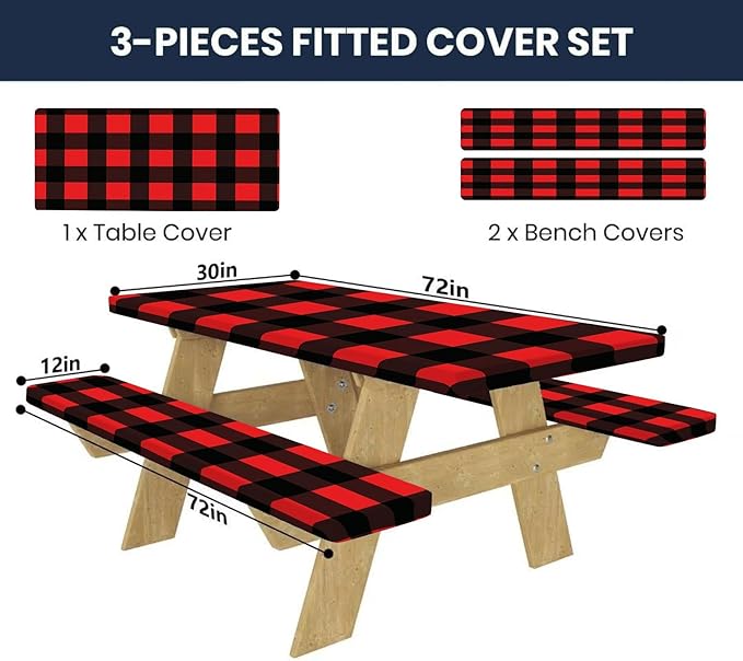 CAPSCEOLL Fitted Picnic Table Cover with Bench Covers with Elastic 6Ft Waterproof Camping Picnic Table Cover Cloths for Outdoors Camping Tablecloth with Drawstring Bag, 72X30in, Black Red