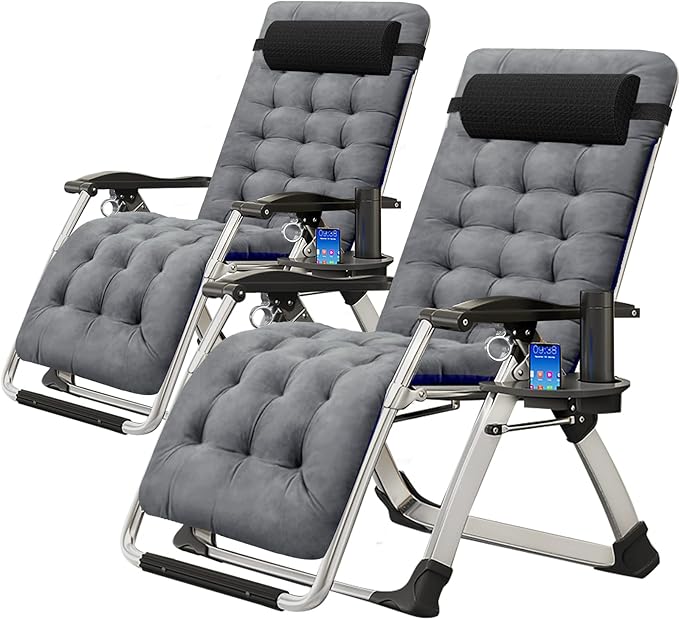ABORON 2 Pack Zero Gravity Chair, Outdoor Lounge Chairs Sun Loungers with Removable Cushion,Headrest,Cup Holder,Reclining Patio Lounger Chair for Indoor and Outdoor