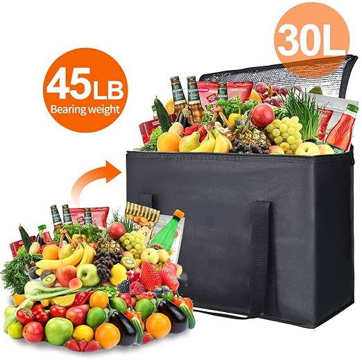 Bodaon 5-Pack Insulated Reusable Grocery Shopping Bag, X-Large Frozen Food Cold, Cooler Bags with Zippered Top, Insulated Pizza Delivery Bag, Black
