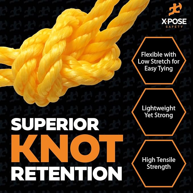 Yellow Twisted Polypropylene Rope, 3/8" Thickness x 600' Length Heavy Duty Poly Ropes for Outdoor and Marine Use, Yellow Rope for Visibility & Safety