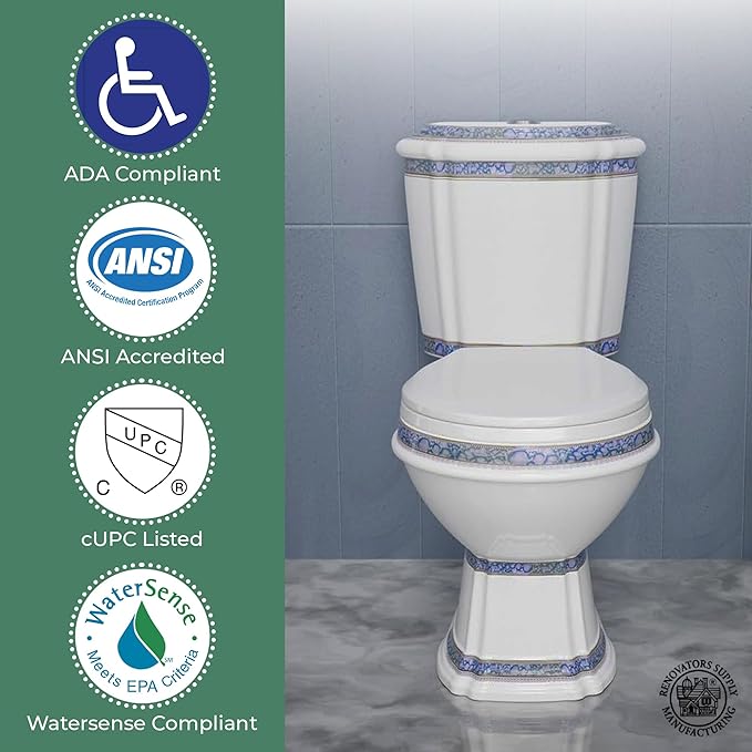Renovators Supply India Reserve Elongated Two Piece Bathroom Toilet Modern Blue Gold Colour Dual Flush Push Button Slow Close Toilet Seat 0.8/1.6 GPF WaterSense ADA Heavy Duty Porcelain Oval