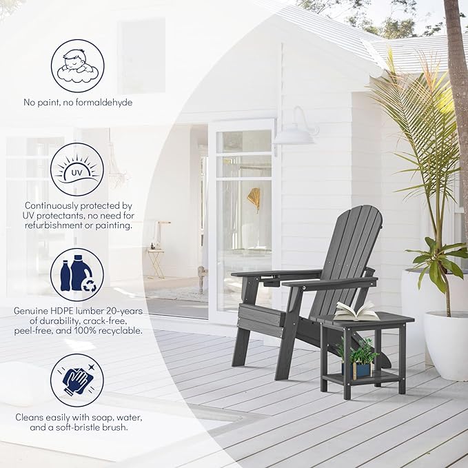 Folding Adirondack Chair, SGS Tested, Wooden Textured with Cup Holder, Heavy All-Weather HDPE Comfortable Set Poolside Backyard Lawn Grey