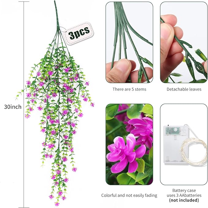 RECUTMS Artificial Hanging Plants with Lights Fake Hanging Plant Faux Eucalyptus Leaf Greenery Vine Outdoor UV Resistant Plastic Plants Home Garden Wedding Party Indoor Outdoor Decorations (Fuchsia)