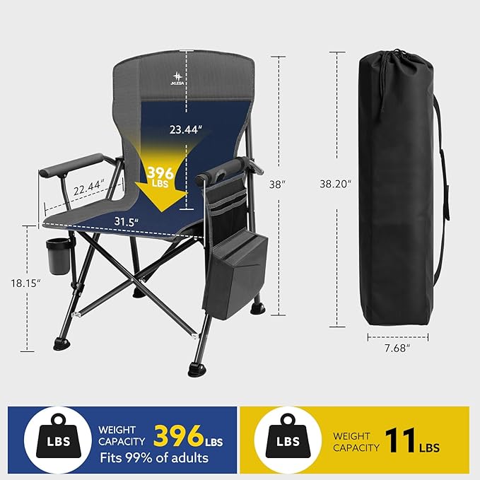 XL Heavy Duty Camping Chair 396lb Capacity (525lb Max) – Waterproof 1680D Oxford Fabric, 2" Padded Seat & Back, Cup Holder, Cooler Pocket, Portable for Camping, Beach & Tailgating (Solid Slate)