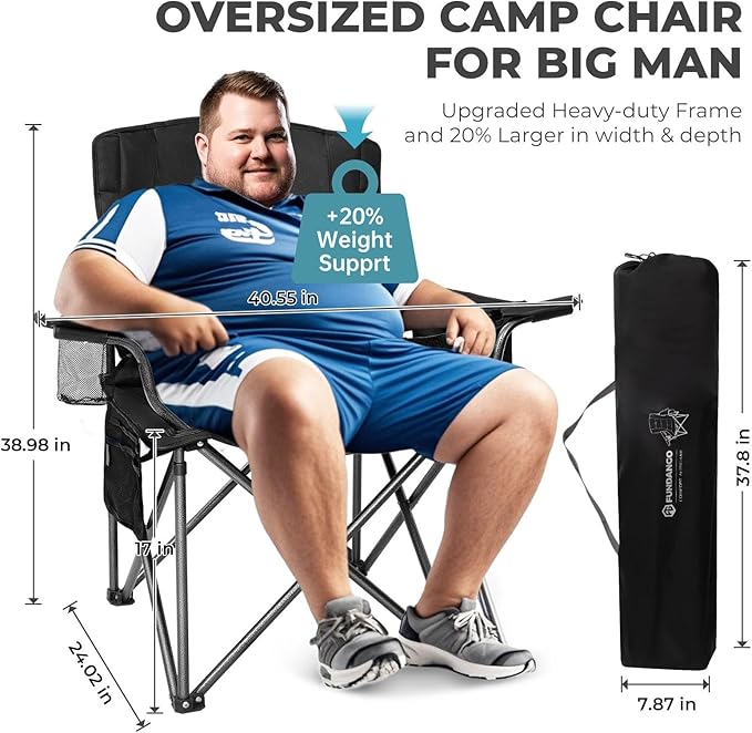 FUNDANGO Oversized Camping Chair for Adults, Heavy Duty Portable Foldable Lawn Chair with Padded Seat & Back, Lumbar Support, 4-can Cooler & Cup Holder, Carry Bag Included for Outdoor (Black)