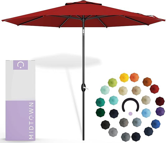 Midtown Umbrellas Sunbrella Umbrella 8 Feet Outdoor Umbrella With Sunbrella Red Acrylic Fabric - Auto-Tilt Aluminum Frame Patio Umbrella For Backyard, Deck, Garden, Pool - Black Pole