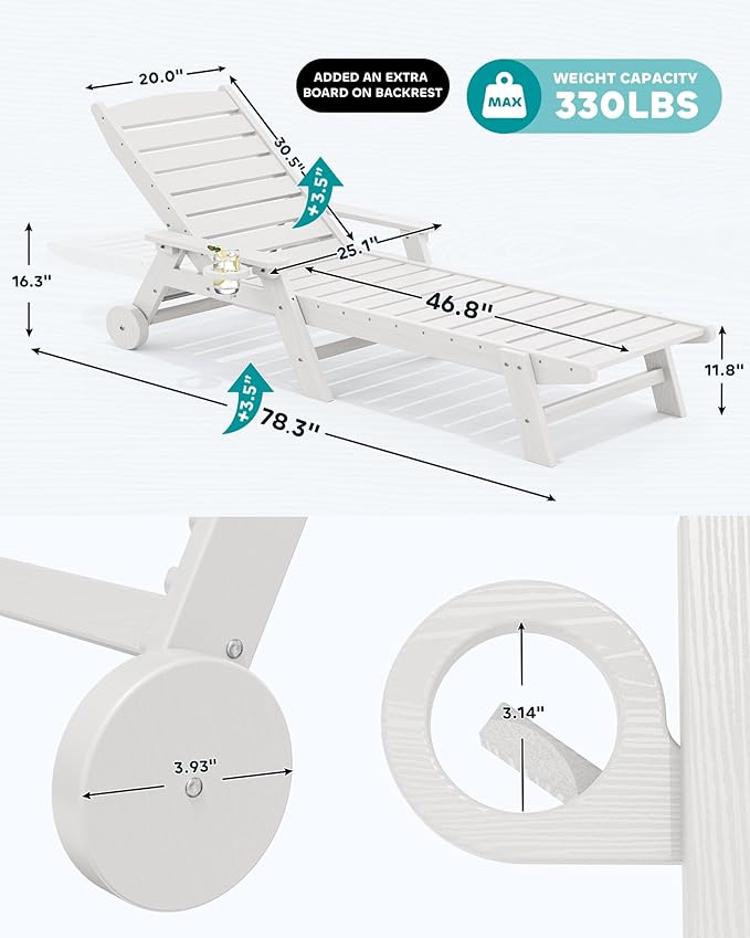 SERWALL Patio Chaise Lounge Chair, 78'' Long HDPE Outdoor Lounge Chair 5 Positions Adjustable Outdoor Lounger, Poly Lounge Chair with Rolling Wheels & Cup Holder for Pool, Light White