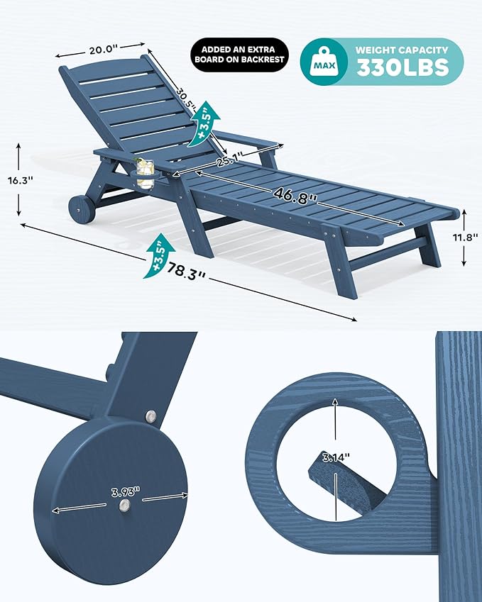 SERWALL Patio Chaise Lounge Chair Set of 2 with 9FT Patio Umbrella, 78'' HDPE Outdoor Lounger 5 Positions Adjustable, Poly Lounge Chair with Rolling Wheels & Cup Holder for Pool,Blue
