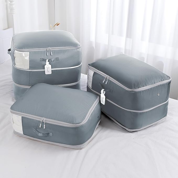 Comforter Storage Bag - Large Capacity Blanket Storage Bags 3-Layer Ultra Space Saving Self Compression Organizer, Washable Compression Bags for Storage Comforter Blanket, 8-Pack, Grey
