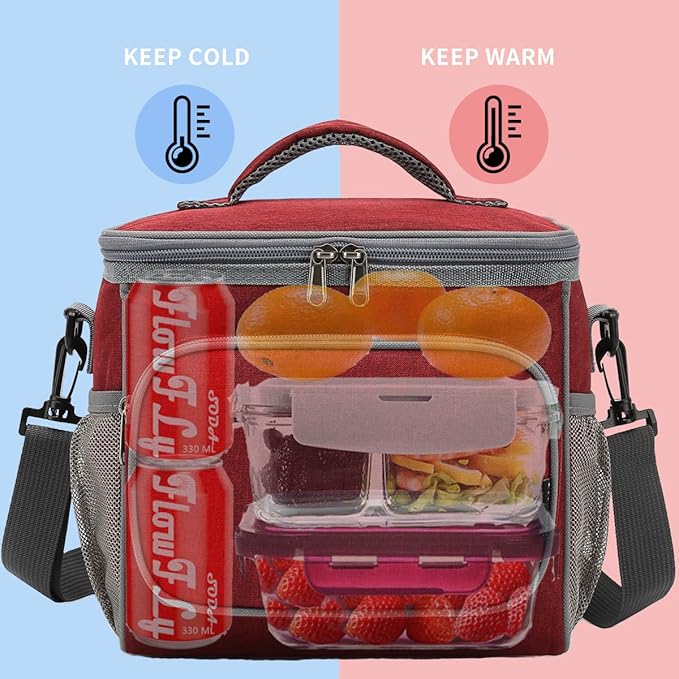 FlowFly Insulated Reusable Lunch Bag Adult Large Lunch Box for Women and Men with Adjustable Shoulder Strap,Front Zipper Pocket and Dual Large Mesh Side Pockets,Red