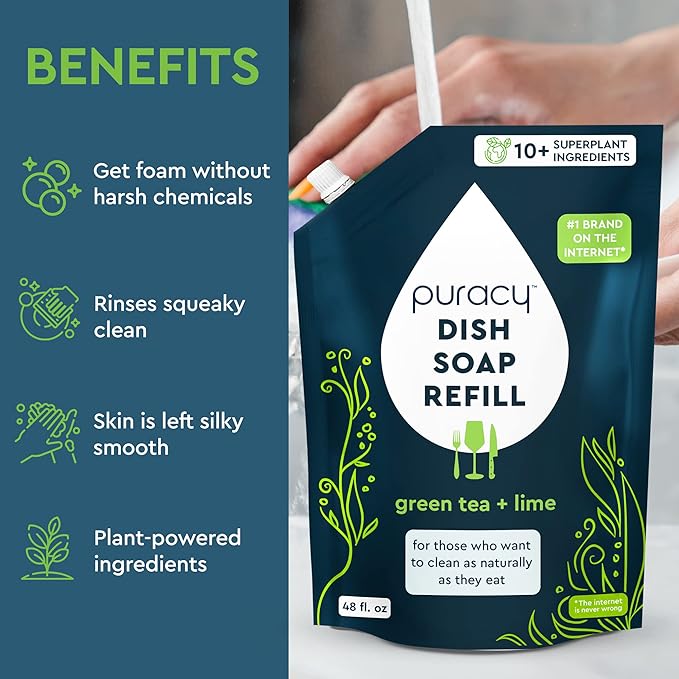 Puracy Natural Dish Soap Refill - Skin-Softening Plant-Based Liquid Dishwashing Detergent Soap, Clean-Rinsing Water-Sheeting Formula (Green Tea & Lime, 48 fl oz)