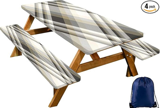 CAPSCEOLL Picnic Table Cover with Bench Covers 8Ft Farm Plaid Waterproof Camping Tablecloth All-Weather Outdoor Table Protector with Drawstring Bag for Camping Essentials, 96X30In, Grey White