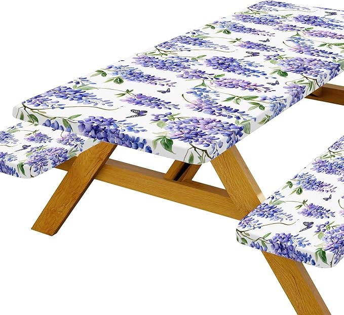 Picnic Table Cover with Bench Covers, Purple Wisteria Flower Pattern Elastic Edges, Waterproof Windproof Fitted Tablecloth, for Outdoor Camping Patio Garden, Includes Drawstring Bag, 72 in