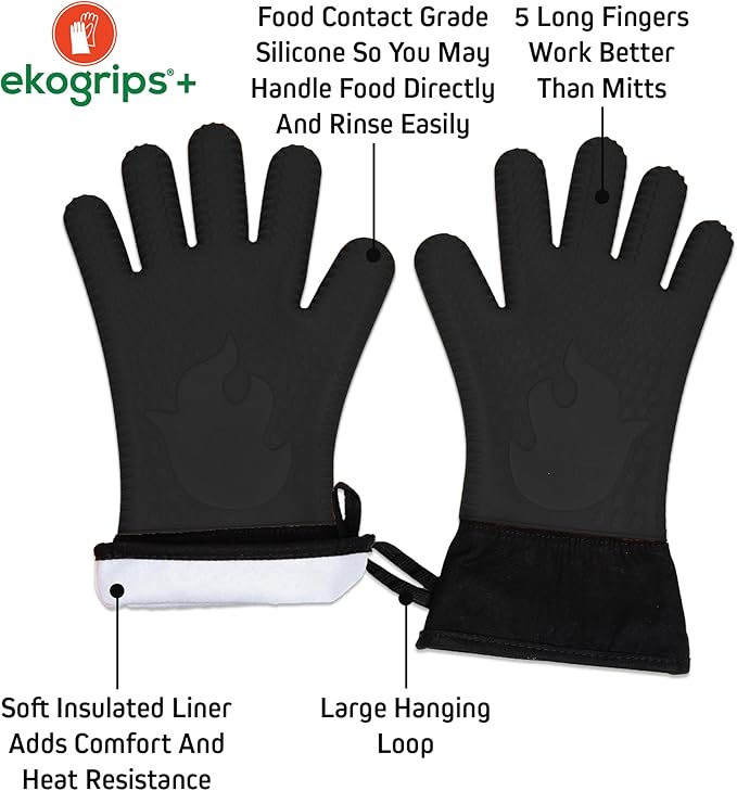 Ekogrips+ Premium Silicone Oven Mitts - Comfy, Waterproof, Heat Resistant BBQ Gloves for Grilling, Long Cuff for Added Protection, 5 Finger Dexterity, 3 Sizes, 4 Colors, L/XL, Black