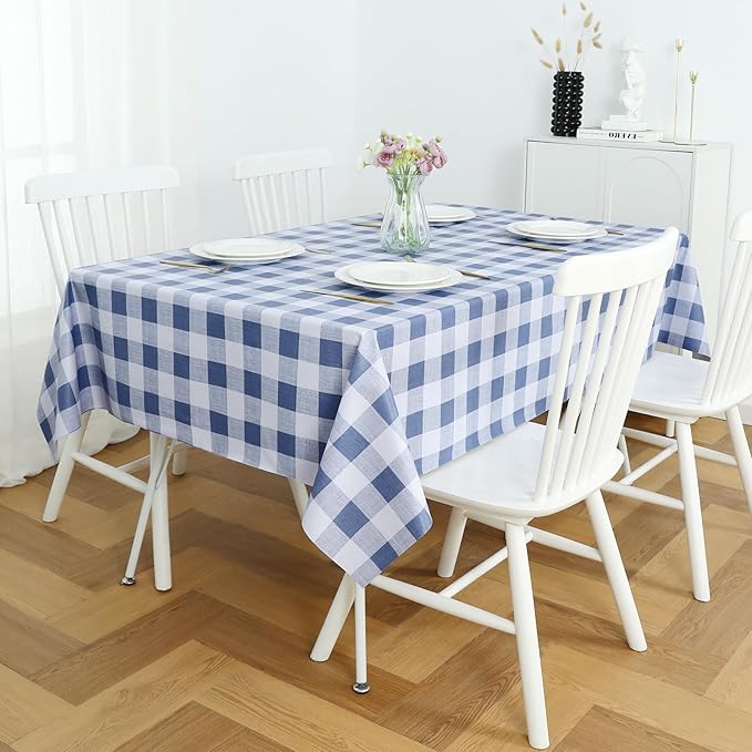 Romanstile Rectangle Plastic Tablecloth, 100% Waterproof Oil-Proof Checkered PVC Table Cloth, Heavy Duty Vinyl Table Cover for Dining, Camping, Picnic, Outdoor - 54 x 120 Inch, Light Blue and White