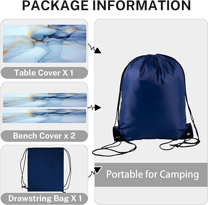 CAPSCEOLL Fitted Picnic Table Cover with Bench Covers with Elastic 8Ft Waterproof Camping Picnic Table Cover Cloths for Outdoors Camping Tablecloth with Drawstring Bag, 96X30in, Blue Marble