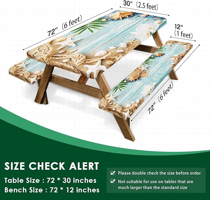 Picnic Table Cover with Bench Covers Elastic Edges, Beach Ocean Fitted Table Cover, Outdoor Patio Camping Essentials 72 Inch 3PCS, Waterproof Camping Fitted Tablecloth with Drawstring Bag