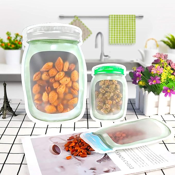 Enkrio 40 Pcs Reusable Mason Jar Zipper Bags Airtight Food Storage Freezer Snack Bags for Kitchen Travel Camping (8S 12M 20L)