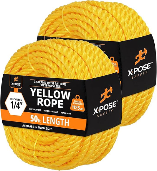 Yellow Twisted Polypropylene Rope, 1/4" Thickness x 50' Length Heavy Duty Poly Ropes for Outdoor and Marine Use, Yellow Rope for Visibility & Safety
