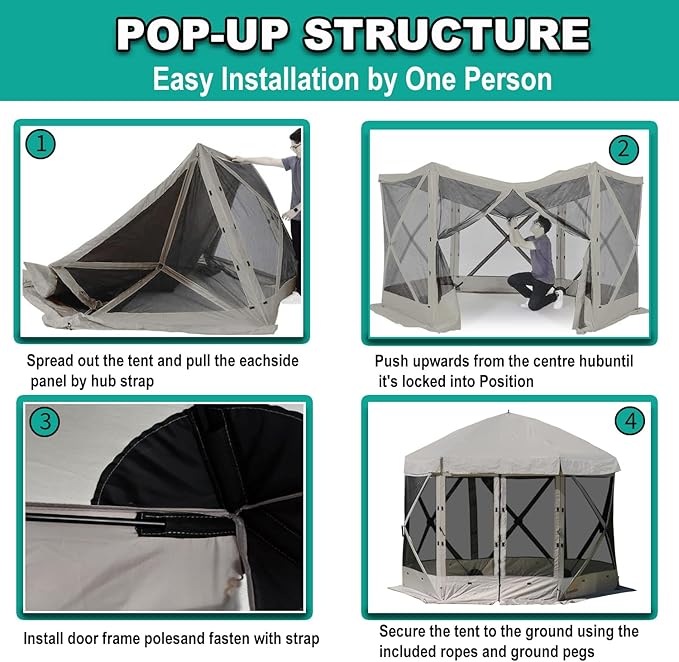 Pop Up Screen Tent, 12'x12' Windproof & UV Protection Sun Shelter, Portable Instant Setup, 6-Sided Screen Tent for Picnic, Camping, Backyard, Outdoor (Grey)