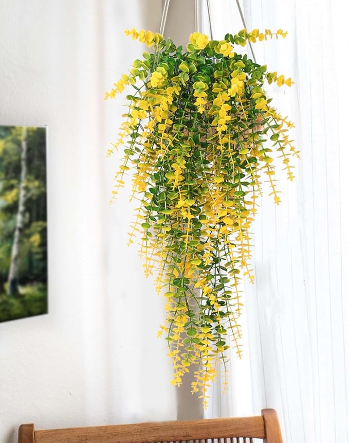 RECUTMS Artificial Plants Hanging Outdoor Fake Plants Hanging Vines Faux Eucalyptus Leaves Greenery Vines Fake Vines Plants for Room Wall Decor Garden Outdoor Wedding Courtyard Decoration(Yellow)