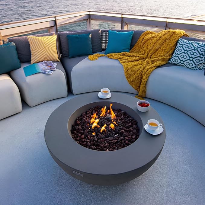 Elementi Lunar Bowl Fire Pit Bundle Outdoor Includes 42” Propane Concrete Firepit, Glass Windscreen, Stainless Steel Cover, Tank Cover, Canvas Cover, Floor Mat, Hammock, Beverage Tub
