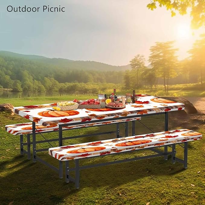 CAPSCEOLL Fitted Picnic Table Cover with Bench Covers with Elastic 8Ft Waterproof Picnic Table Cloths Windproof Outdoor Camping Tablecloth with Drawstring Bag, 96X30in, Pumpkins Leaf