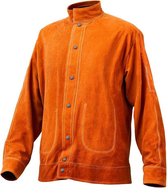 VEVOR Leather Welding Jacket, Heavy Duty Cowhide Flame Resistant Welding Coat, Waterproof Heat-Resistant Safety Jacket with 4 Pockets & Adjustable Cuffs for Welders Steelworks - XL Size